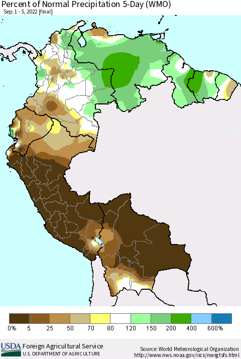 Northern South America Percent of Normal Precipitation 5-Day (WMO) Thematic Map For 9/1/2022 - 9/5/2022