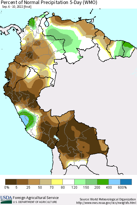 Northern South America Percent of Normal Precipitation 5-Day (WMO) Thematic Map For 9/6/2022 - 9/10/2022