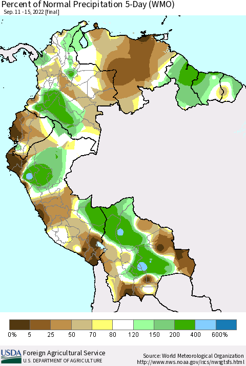 Northern South America Percent of Normal Precipitation 5-Day (WMO) Thematic Map For 9/11/2022 - 9/15/2022