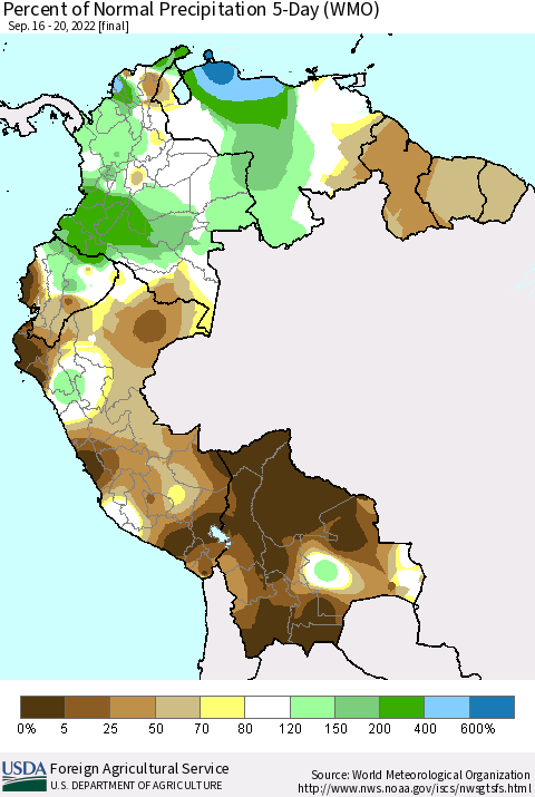 Northern South America Percent of Normal Precipitation 5-Day (WMO) Thematic Map For 9/16/2022 - 9/20/2022
