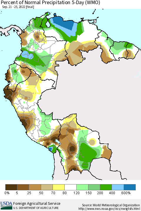 Northern South America Percent of Normal Precipitation 5-Day (WMO) Thematic Map For 9/21/2022 - 9/25/2022