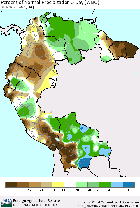 Northern South America Percent of Normal Precipitation 5-Day (WMO) Thematic Map For 9/26/2022 - 9/30/2022
