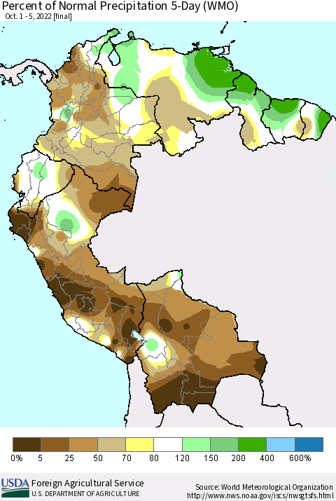 Northern South America Percent of Normal Precipitation 5-Day (WMO) Thematic Map For 10/1/2022 - 10/5/2022