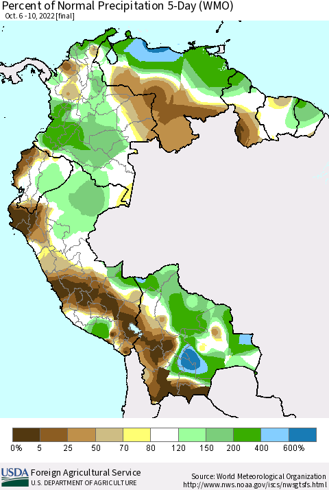 Northern South America Percent of Normal Precipitation 5-Day (WMO) Thematic Map For 10/6/2022 - 10/10/2022