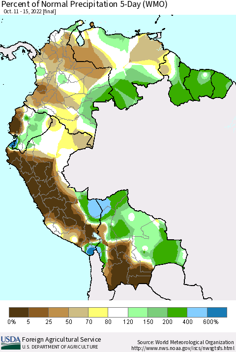 Northern South America Percent of Normal Precipitation 5-Day (WMO) Thematic Map For 10/11/2022 - 10/15/2022