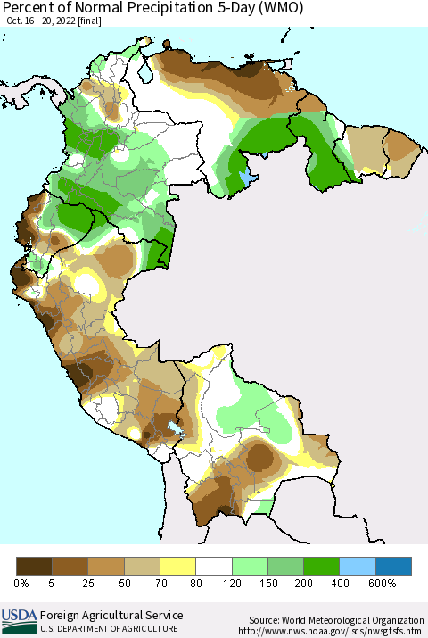 Northern South America Percent of Normal Precipitation 5-Day (WMO) Thematic Map For 10/16/2022 - 10/20/2022