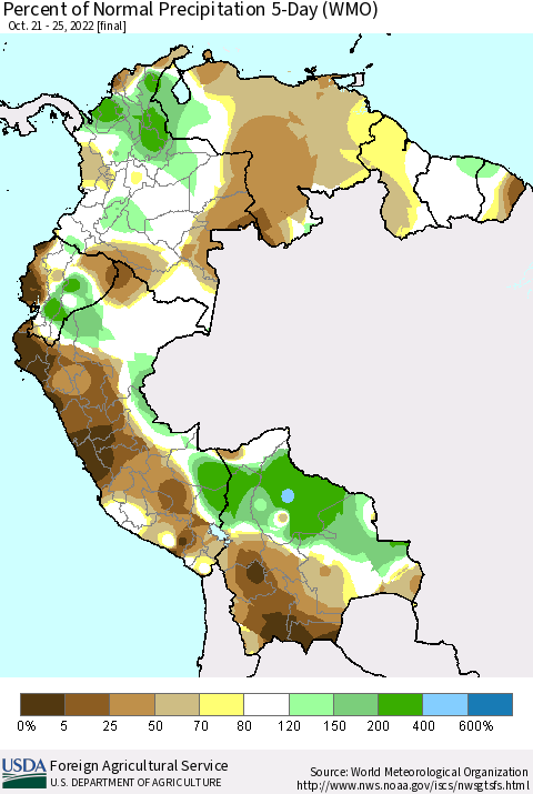 Northern South America Percent of Normal Precipitation 5-Day (WMO) Thematic Map For 10/21/2022 - 10/25/2022