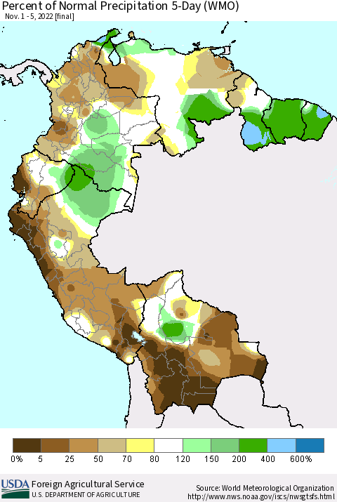 Northern South America Percent of Normal Precipitation 5-Day (WMO) Thematic Map For 11/1/2022 - 11/5/2022