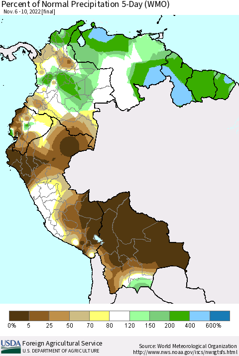 Northern South America Percent of Normal Precipitation 5-Day (WMO) Thematic Map For 11/6/2022 - 11/10/2022