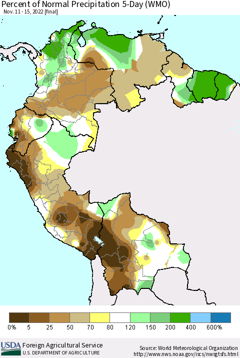 Northern South America Percent of Normal Precipitation 5-Day (WMO) Thematic Map For 11/11/2022 - 11/15/2022