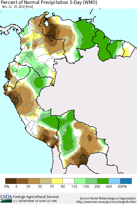Northern South America Percent of Normal Precipitation 5-Day (WMO) Thematic Map For 11/21/2022 - 11/25/2022