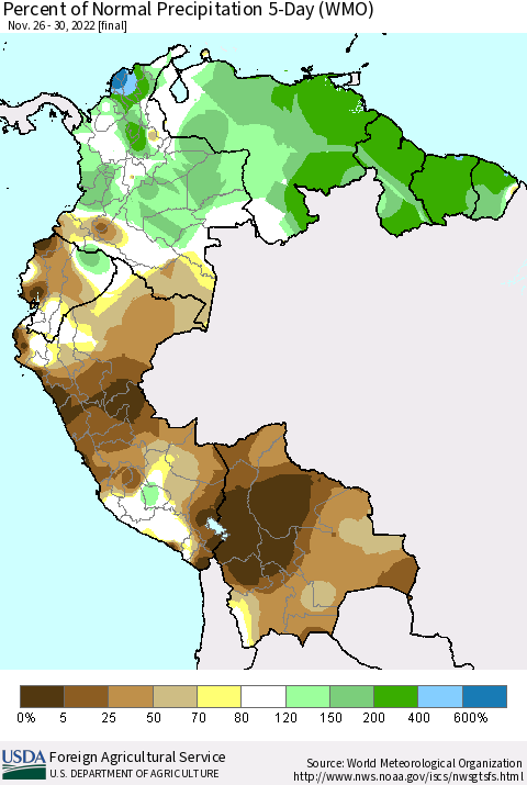 Northern South America Percent of Normal Precipitation 5-Day (WMO) Thematic Map For 11/26/2022 - 11/30/2022
