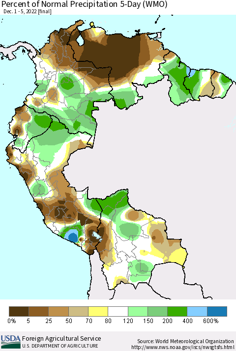 Northern South America Percent of Normal Precipitation 5-Day (WMO) Thematic Map For 12/1/2022 - 12/5/2022