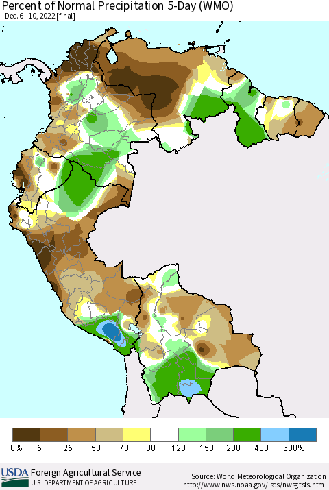 Northern South America Percent of Normal Precipitation 5-Day (WMO) Thematic Map For 12/6/2022 - 12/10/2022