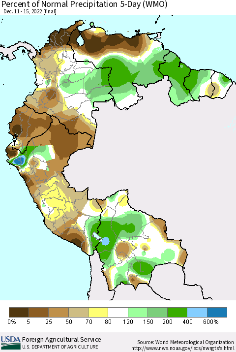Northern South America Percent of Normal Precipitation 5-Day (WMO) Thematic Map For 12/11/2022 - 12/15/2022