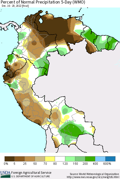 Northern South America Percent of Normal Precipitation 5-Day (WMO) Thematic Map For 12/16/2022 - 12/20/2022