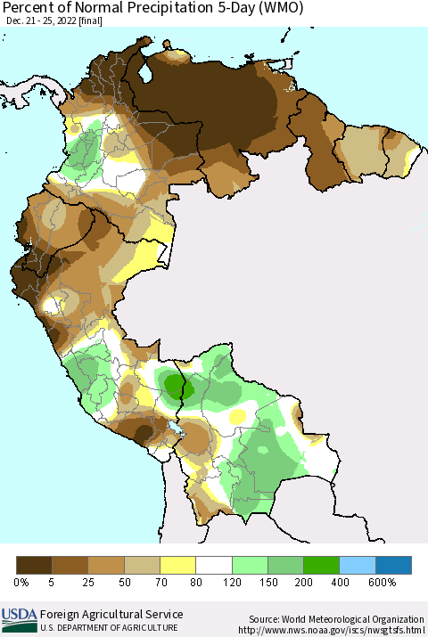 Northern South America Percent of Normal Precipitation 5-Day (WMO) Thematic Map For 12/21/2022 - 12/25/2022