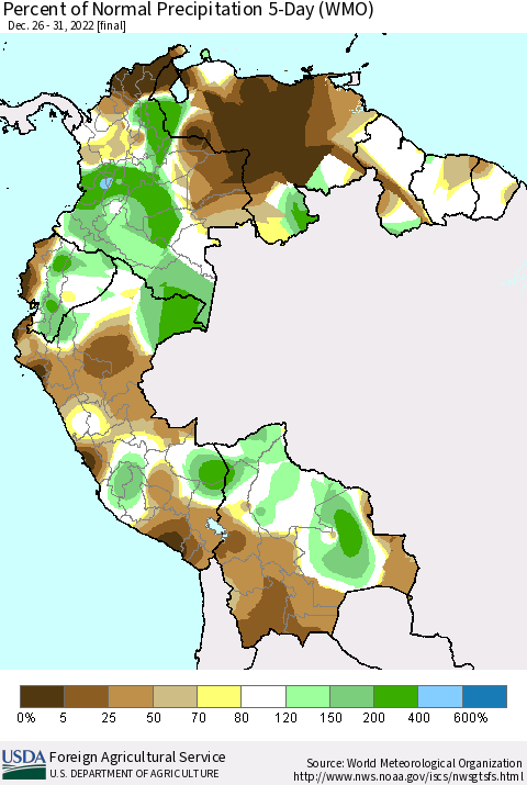 Northern South America Percent of Normal Precipitation 5-Day (WMO) Thematic Map For 12/26/2022 - 12/31/2022