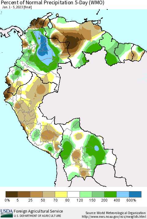 Northern South America Percent of Normal Precipitation 5-Day (WMO) Thematic Map For 1/1/2023 - 1/5/2023