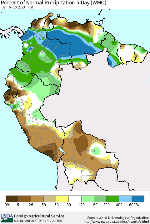 Northern South America Percent of Normal Precipitation 5-Day (WMO) Thematic Map For 1/6/2023 - 1/10/2023