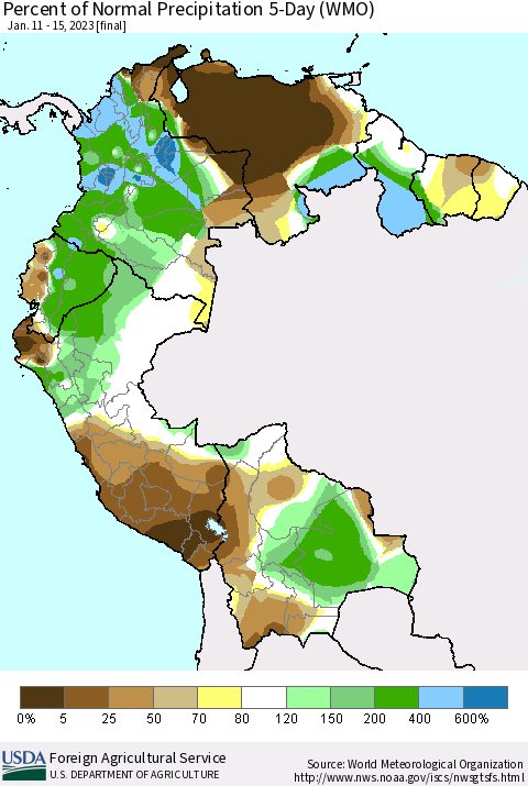 Northern South America Percent of Normal Precipitation 5-Day (WMO) Thematic Map For 1/11/2023 - 1/15/2023