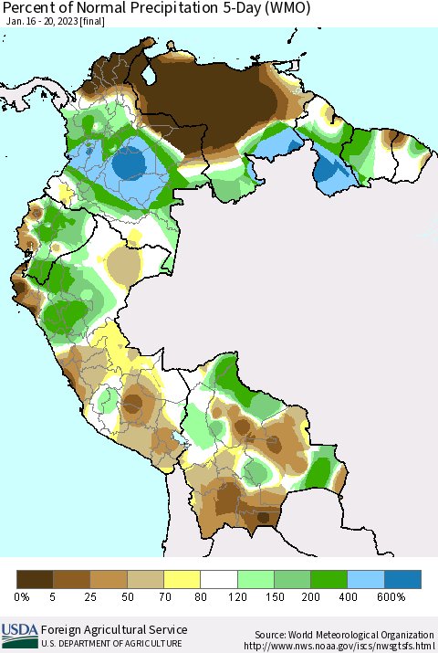 Northern South America Percent of Normal Precipitation 5-Day (WMO) Thematic Map For 1/16/2023 - 1/20/2023