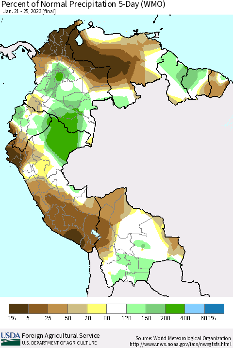 Northern South America Percent of Normal Precipitation 5-Day (WMO) Thematic Map For 1/21/2023 - 1/25/2023