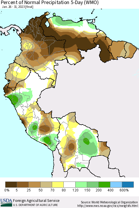 Northern South America Percent of Normal Precipitation 5-Day (WMO) Thematic Map For 1/26/2023 - 1/31/2023