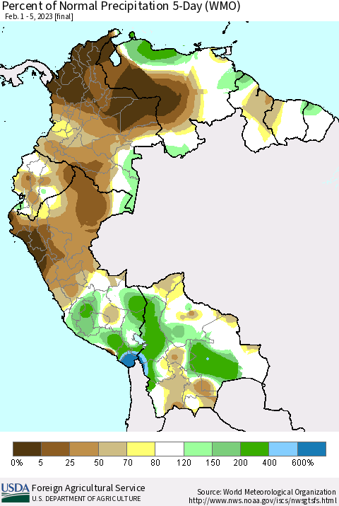 Northern South America Percent of Normal Precipitation 5-Day (WMO) Thematic Map For 2/1/2023 - 2/5/2023