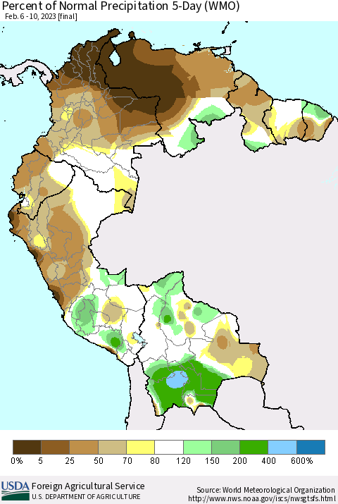 Northern South America Percent of Normal Precipitation 5-Day (WMO) Thematic Map For 2/6/2023 - 2/10/2023