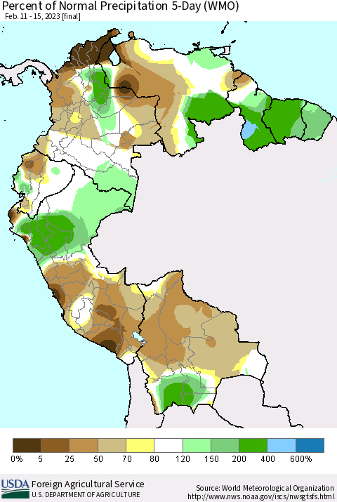 Northern South America Percent of Normal Precipitation 5-Day (WMO) Thematic Map For 2/11/2023 - 2/15/2023
