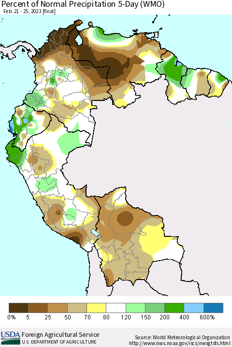Northern South America Percent of Normal Precipitation 5-Day (WMO) Thematic Map For 2/21/2023 - 2/25/2023