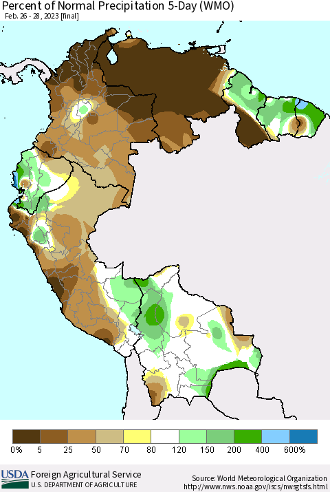 Northern South America Percent of Normal Precipitation 5-Day (WMO) Thematic Map For 2/26/2023 - 2/28/2023
