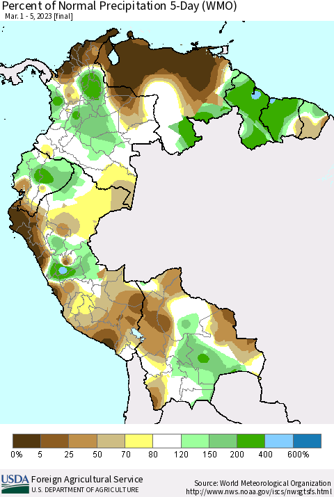 Northern South America Percent of Normal Precipitation 5-Day (WMO) Thematic Map For 3/1/2023 - 3/5/2023