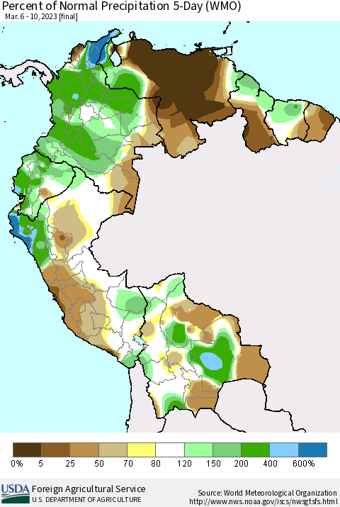Northern South America Percent of Normal Precipitation 5-Day (WMO) Thematic Map For 3/6/2023 - 3/10/2023