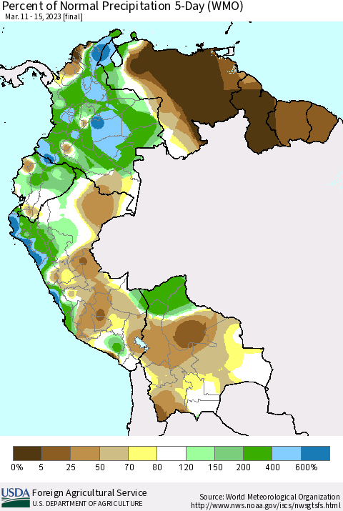Northern South America Percent of Normal Precipitation 5-Day (WMO) Thematic Map For 3/11/2023 - 3/15/2023