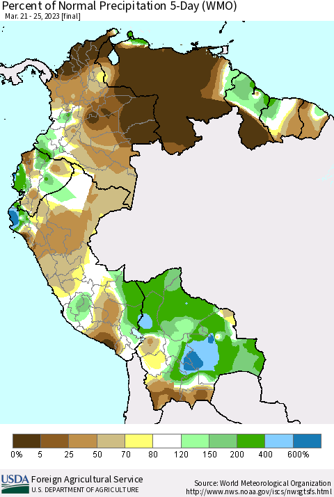 Northern South America Percent of Normal Precipitation 5-Day (WMO) Thematic Map For 3/21/2023 - 3/25/2023