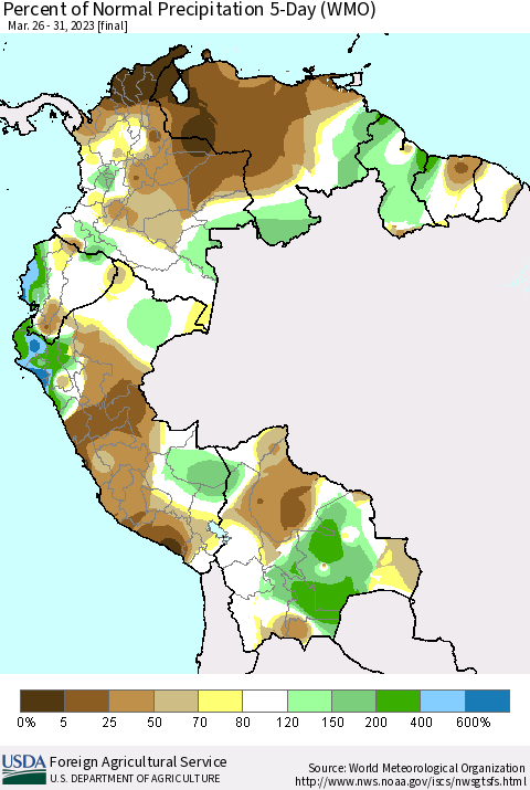 Northern South America Percent of Normal Precipitation 5-Day (WMO) Thematic Map For 3/26/2023 - 3/31/2023