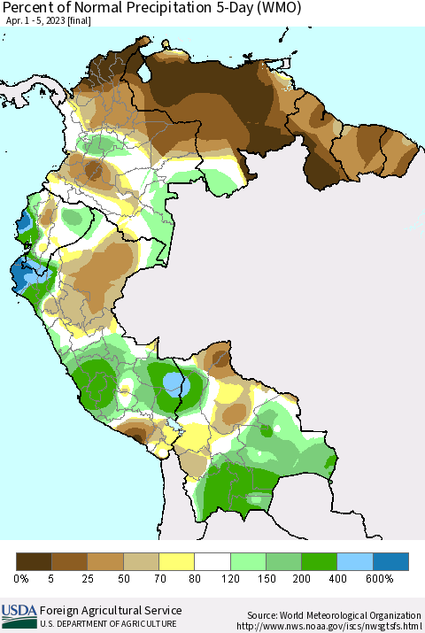 Northern South America Percent of Normal Precipitation 5-Day (WMO) Thematic Map For 4/1/2023 - 4/5/2023