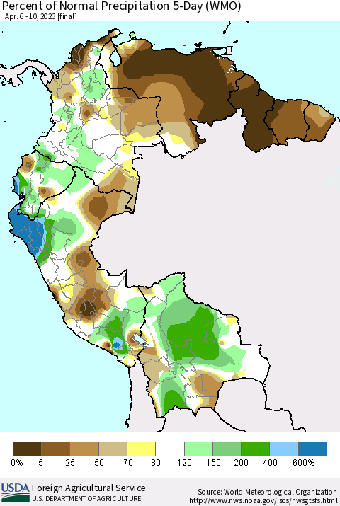 Northern South America Percent of Normal Precipitation 5-Day (WMO) Thematic Map For 4/6/2023 - 4/10/2023