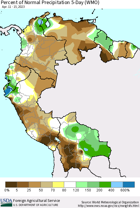 Northern South America Percent of Normal Precipitation 5-Day (WMO) Thematic Map For 4/11/2023 - 4/15/2023