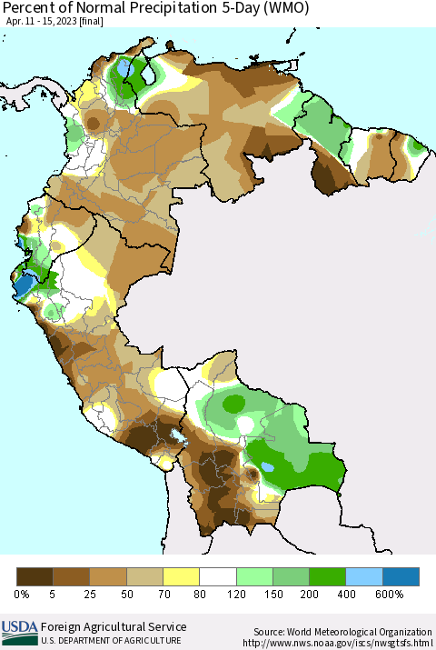 Northern South America Percent of Normal Precipitation 5-Day (WMO) Thematic Map For 4/11/2023 - 4/15/2023