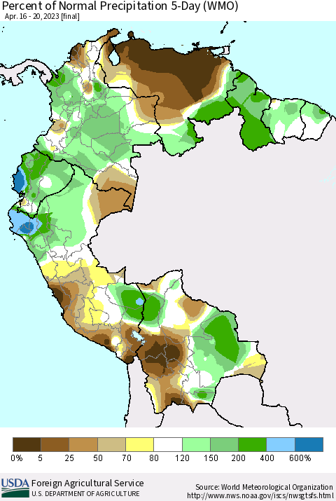 Northern South America Percent of Normal Precipitation 5-Day (WMO) Thematic Map For 4/16/2023 - 4/20/2023