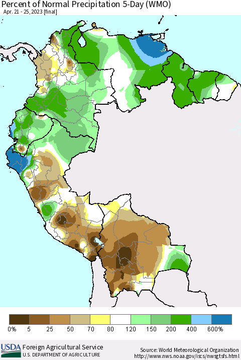 Northern South America Percent of Normal Precipitation 5-Day (WMO) Thematic Map For 4/21/2023 - 4/25/2023