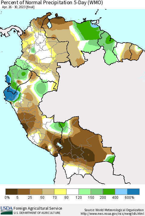 Northern South America Percent of Normal Precipitation 5-Day (WMO) Thematic Map For 4/26/2023 - 4/30/2023