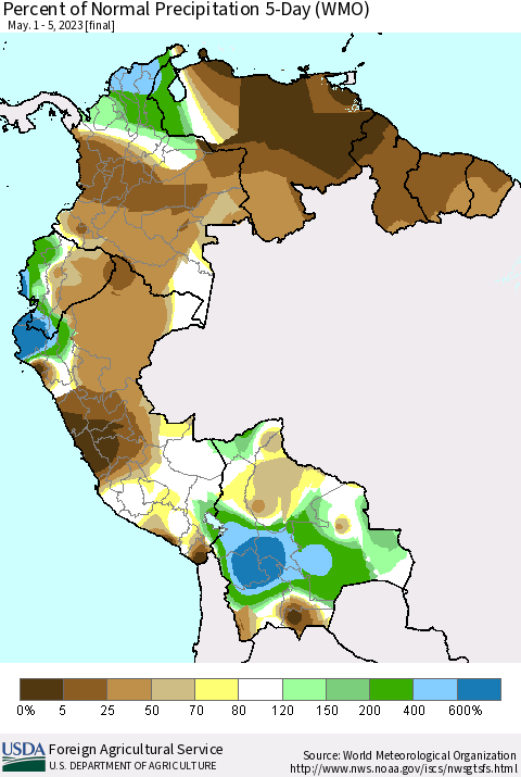 Northern South America Percent of Normal Precipitation 5-Day (WMO) Thematic Map For 5/1/2023 - 5/5/2023