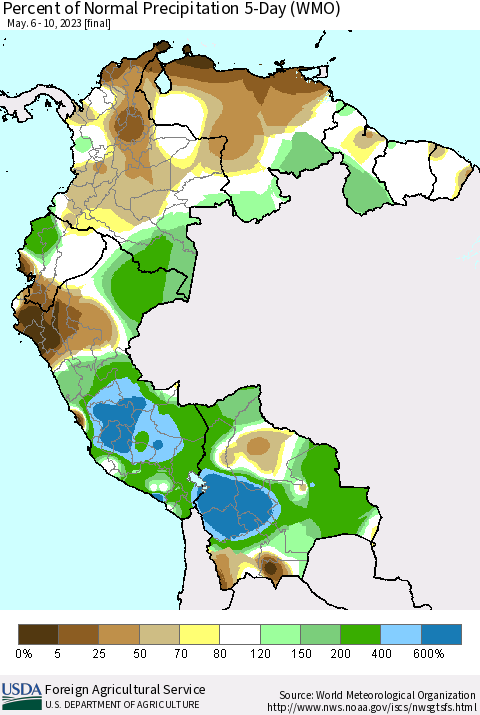 Northern South America Percent of Normal Precipitation 5-Day (WMO) Thematic Map For 5/6/2023 - 5/10/2023