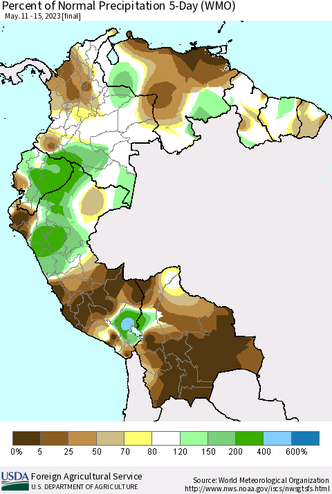 Northern South America Percent of Normal Precipitation 5-Day (WMO) Thematic Map For 5/11/2023 - 5/15/2023