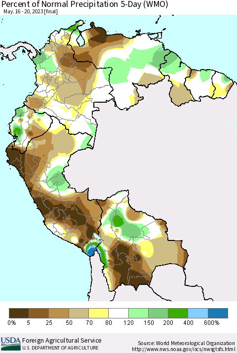 Northern South America Percent of Normal Precipitation 5-Day (WMO) Thematic Map For 5/16/2023 - 5/20/2023