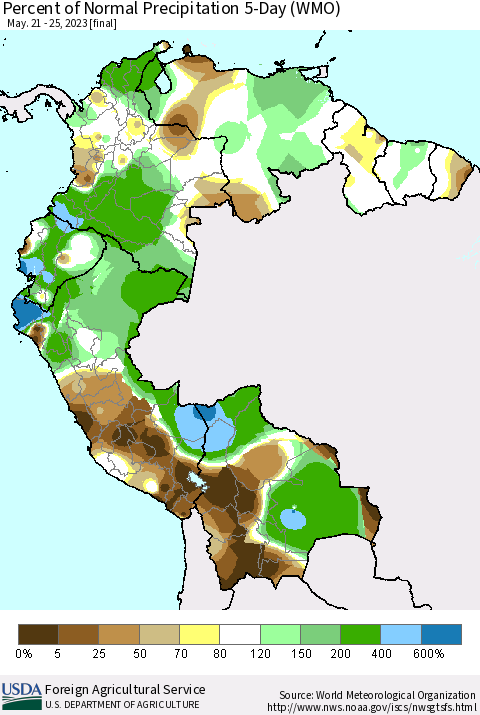 Northern South America Percent of Normal Precipitation 5-Day (WMO) Thematic Map For 5/21/2023 - 5/25/2023